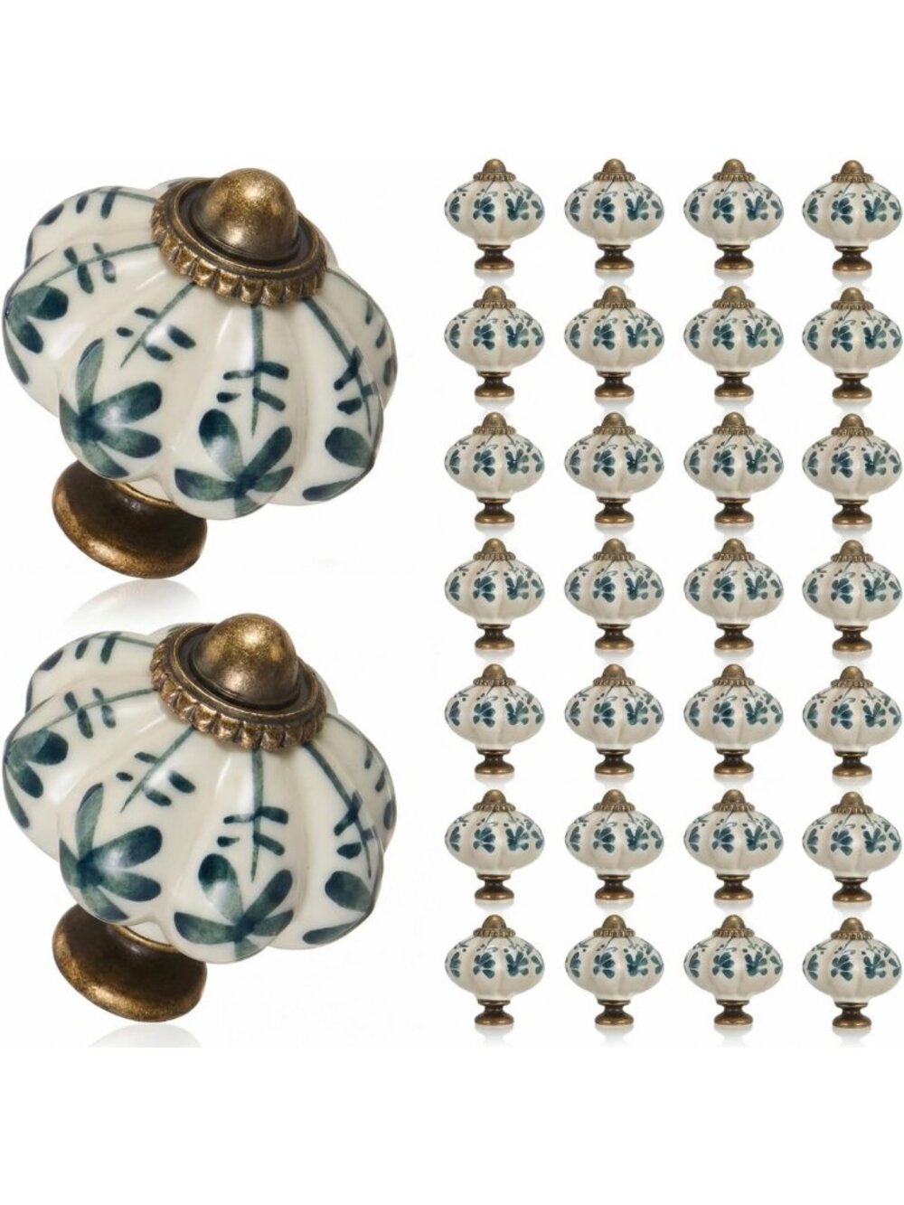 30 Ivory Pumpkin Cabinet Knobs - Vintage Green Floral Hardware, Home Decor